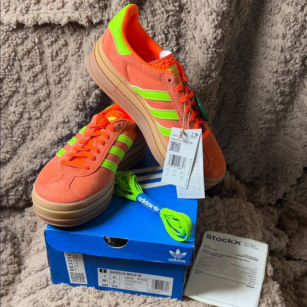 Adidas Women’s Gazelle Bold W Neon Orange and Green Sneakers